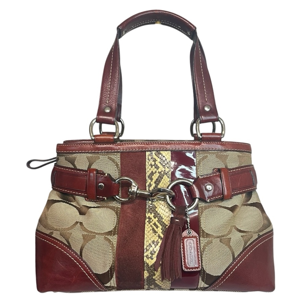 Coach Signature Canvas and Leather Tote Bag - Red and Tan